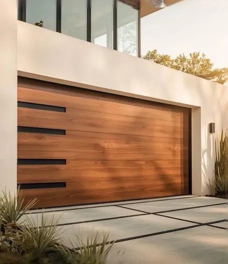 Modern wood‑grain garage door highlighting premium installation and curb‑appeal style.
