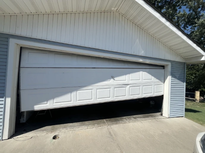 Clean white residential garage door with smooth panel design and a neat driveway.